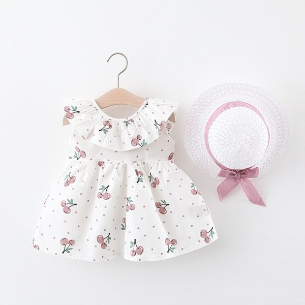 Baby Doll Collar Cherry Print Dress with Hat